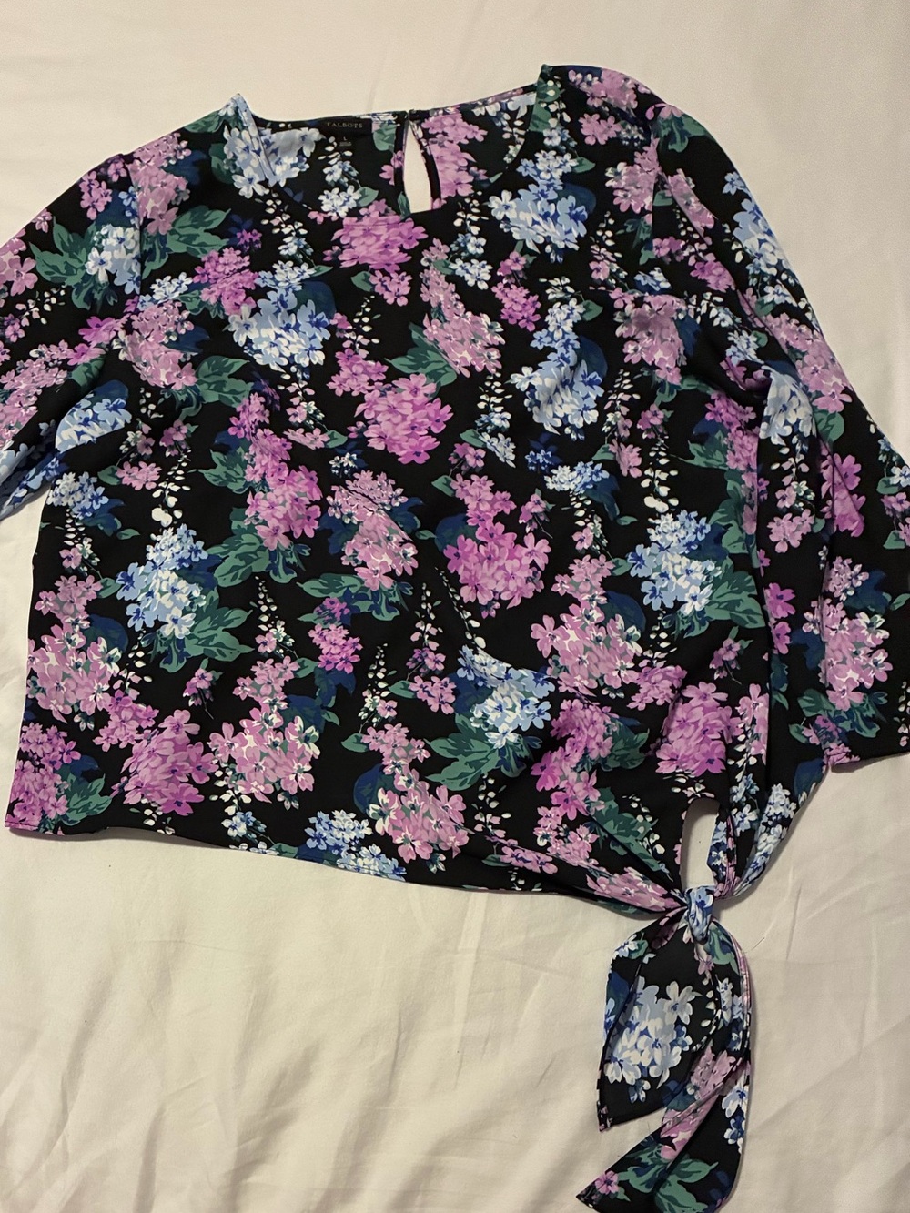 Talbots Black Floral Tie-Side Long Sleeve Blouse